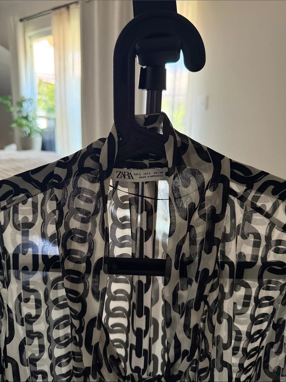 Zara Black & White Chain-Print Tie-Neck Sheer Blouse